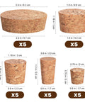 Assorted Tapered Cork Stoppers Set, 25 Pieces, Five Sizes From 17Mm To 63Mm, cork stoppers with visible size measurements.