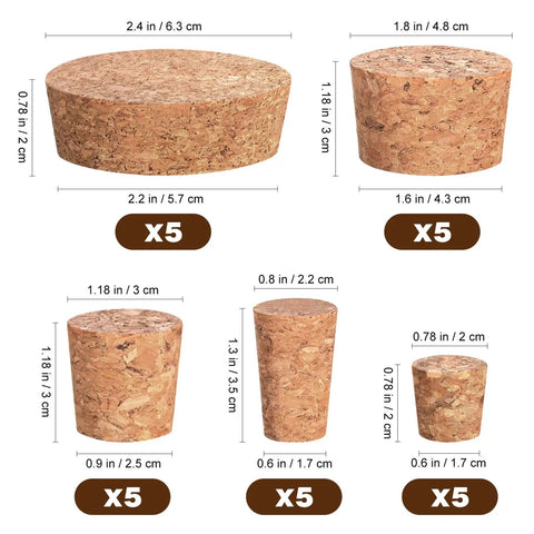 Assorted Tapered Cork Stoppers Set, 25 Pieces, Five Sizes From 17Mm To 63Mm, cork stoppers with visible size measurements.