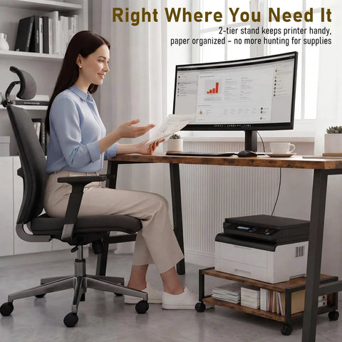 Straight Up Slick 2 Tier Printer Stand Under Desk With Easy Glide Wheels And Open Lower Shelf For A4 Paper Storage Brown Desktop Organizer Keeps Your Home Office Super Fresh And Dope