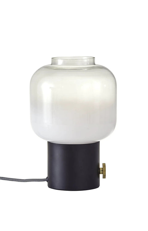 Lewis Table Lamp In Matte Black With Dope Antique Brass Accent, Glass Shade Fades From White Bottom To Clear Top, Big Round Knob Switch