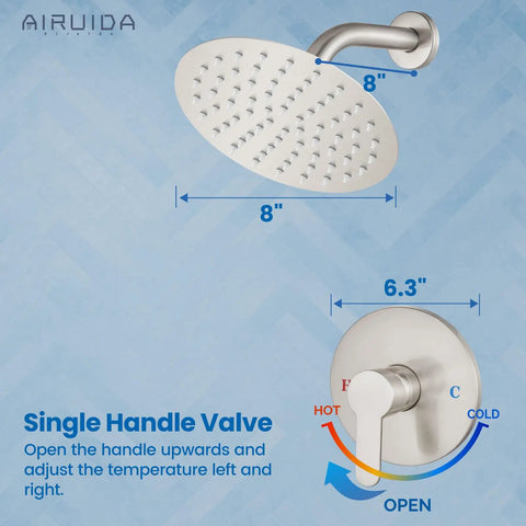 8 Inch Round Rain Shower Head Set With Stainless Steel Single Handle Trim Kit, Wall Mount Bath System in brushed nickel