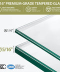 Close-up of 5/16 inch premium-grade tempered glass with heat-enduring and safety features highlighted, for modern shower doors.