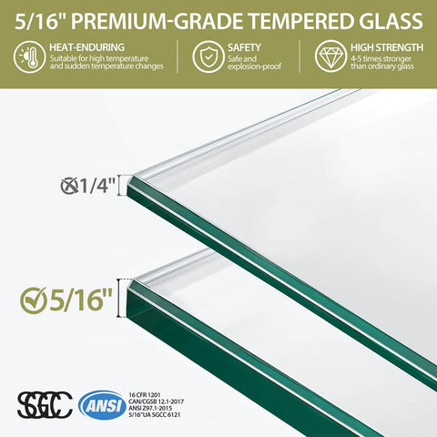 Close-up of 5/16 inch premium-grade tempered glass with heat-enduring and safety features highlighted, for modern shower doors.