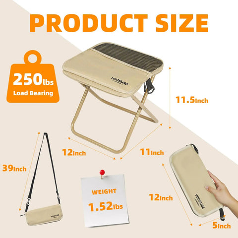 Ultra Portable 11.5 Inch Collapsible Camping Stool With Two Side Pockets showing dimensions, weight 1.52 lbs, and 250 lbs capacity