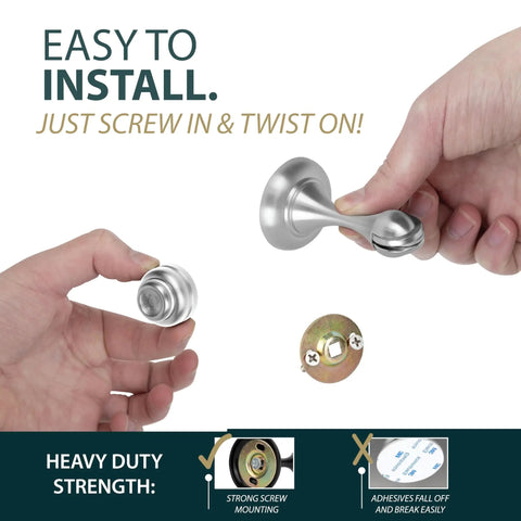 Heavy Duty Magnetic Door Stopper Finished In Sleek Satin Nickel To Lock Doors Wide Open And Nip Nasty Wall Scuffs In The Bud While Blocking Ugly Slap Damage installation steps with hand holding parts.