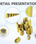 50Pcs Self Tapping Thread Inserts Set In 302 Stainless Steel With Storage Case, Slotted Design For Easy Direct Install No Pre Tap Required, M3 M4 M5 M6 M8 M10 M12, Reinforced Threads And Durable Gold Finish For Repairs, close-up of inserts with slotted design and gold finish.
