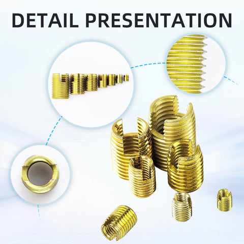 50Pcs Self Tapping Thread Inserts Set In 302 Stainless Steel With Storage Case, Slotted Design For Easy Direct Install No Pre Tap Required, M3 M4 M5 M6 M8 M10 M12, Reinforced Threads And Durable Gold Finish For Repairs, close-up of inserts with slotted design and gold finish.