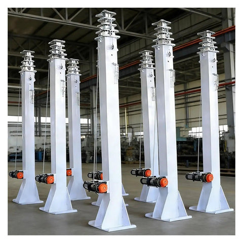 Kick Ass Dual Mode Telescopic Mast Electric Motor With Manual Hand Crank Backup Rock Solid Aluminum Alloy Portable TV Antenna Pole Push Up Tower displayed in a factory.