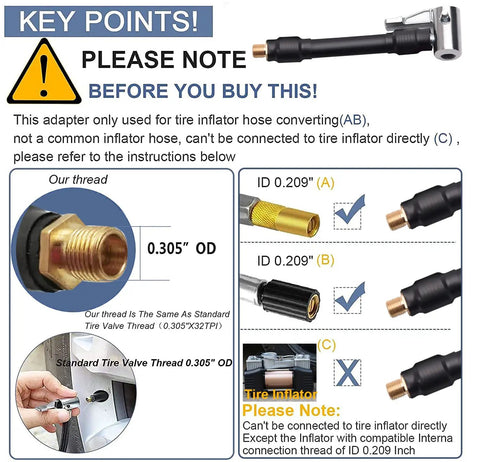 Heavy Duty Air Inflator Hose Adapter Converting Twist On Valve To Lock On Tire Chuck Connector, 0.305 OD for tire inflators.