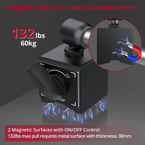 XUNTOP dial indicator on magnetic base with ON/OFF control; 1in/0.001in imperial gauge.