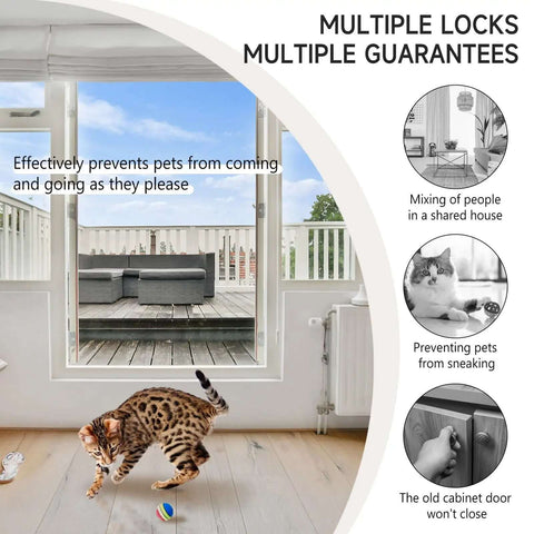 Cat playing on floor near open sliding door with text about lock benefits for pet control and household use.