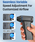 Beast Power 300000 RPM Electric Air Duster showing variable wind speed settings and hand holding the device