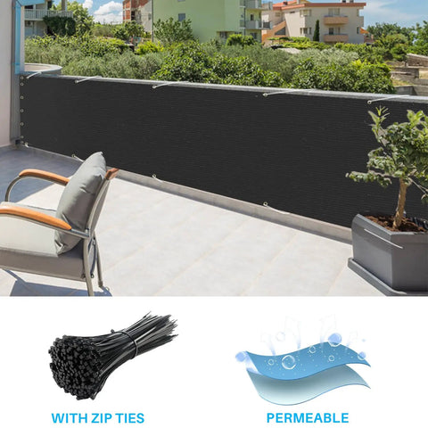 Privacy Screen For Balcony And Deck 3Ft By 15Ft Outdoor Railing Covers Black Net Mesh With Zip Ties installed on railing