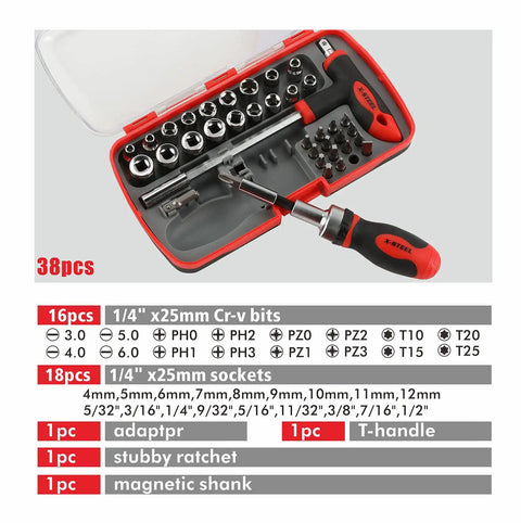 Ratcheting Screwdriver Set With Magnetic Bits And Sockets 38 Piece Includes Torx Slotted Phillips Square Nut Driver Bits And T Handle