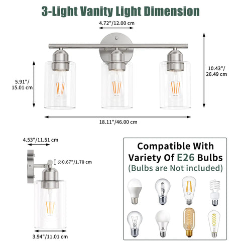 Three Light Brushed Nickel Vanity Light Over Mirror With Glass Shades UL Certified Bathroom Wall Fixture Modern Damp Rated Sconce dimensions and E26 bulb compatibility