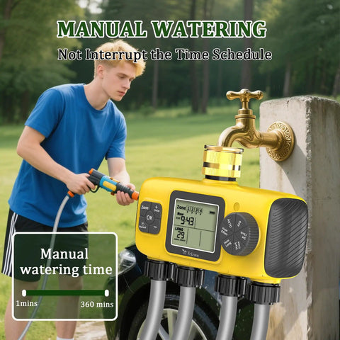 Person adjusting Smart Four Zone Garden Hose Timer with Four Independent Outlets, brass inlet, manual watering mode