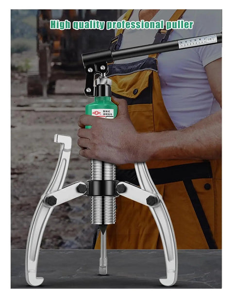 Heavy Duty Hydraulic Gear Puller, 30 Ton Bidirectional Separator Tool, adjustable jaws, held by mechanic for easy bearing removal.