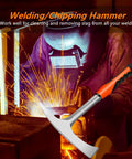 28 Oz Welding And Chipping Hammer With Forged Steel One Piece Construction And Shock Reduction Handle in use during welding