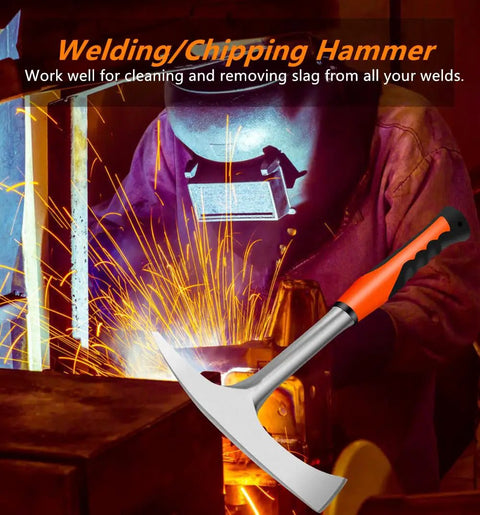 28 Oz Welding And Chipping Hammer With Forged Steel One Piece Construction And Shock Reduction Handle in use during welding
