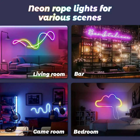 Image showing Neon Rope Lights 32.8ft 10m LED Neon Strip Lights With Remote App Control in living room, bar, game room, bedroom.