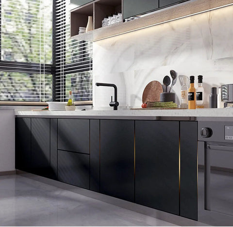 Modern kitchen with Thick Black Peel And Stick Wallpaper Self Adhesive Wall Covering For Bathrooms And Kitchens 17.51 In By 400 In Removable Textured Vinyl Durable DIY Upgrade With No Residue on cabinets.