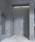 Modern bathroom with Euphoria Cube Wall Mount Hand Shower Holder for Grohe DreamSpray Systems, sleek gray walls, and robe hanger.