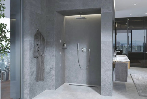 Modern bathroom with Euphoria Cube Wall Mount Hand Shower Holder for Grohe DreamSpray Systems, sleek gray walls, and robe hanger.