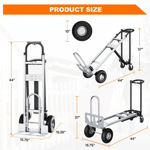 Heavy Duty 4 In 1 Convertible Hand Truck Dolly Cart With 1000 Lbs Capacity showing dimensions and design features for versatile hauling.