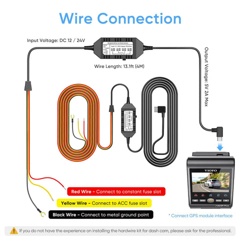 Diagram of Hardwire Kit With 8 Fuse Tap Pack And Type C Port For Dash Cams, showing wire connections and voltage details.