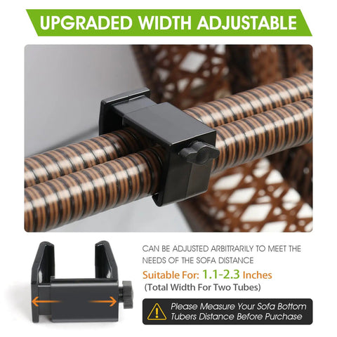 Adjustable Outdoor Furniture Clips For Rattan And Wicker Sectionals, showing width adjustable clamp fitting 1.1-2.3 inch tubes