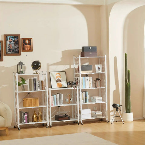 Three Tier Foldable Storage Shelves With Wheels No Assembly Rolling Cart For Kitchen Garage Basement And Pantry White Freestanding Metal Wire Rack To Tame Clutter And Move It Easily in living room