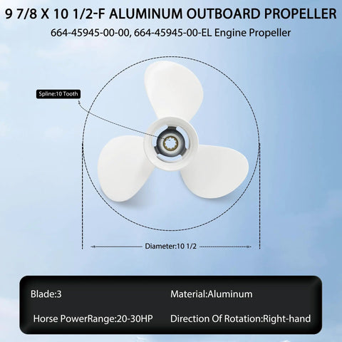 9 7/8 X 10 1/2 Inch Aluminum Boat Propeller For Yamaha Outboards 20 HP 25 HP 30 HP Right Hand 3 Blades White