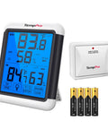 Indoor Outdoor Digital Wireless Thermometer And Hygrometer With Large Backlit 4 Inch Touchscreen LCD Monitor, white and grey, with remote sensor and batteries.