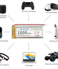 Four Pack 3.7V 1000mAh LiPo Batteries One Cell 1C Rechargeable Lithium Polymer Pack With Dual Protection Board And PH2mm Connector For Electronic Devices And Projects connected to various compatible electronic devices like speakers, game consoles, and VR headsets.