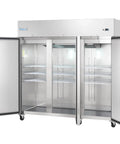 Premium Commercial Reach In Beverage Merchandiser With Three Swing Solid Doors And Sleek Stainless Build Keep It Frosty For Your Store Or Bar 81 Inch Wide 66 Cubic Foot Capacity Built Tough For Daily Grind, featuring open doors and interior shelves.