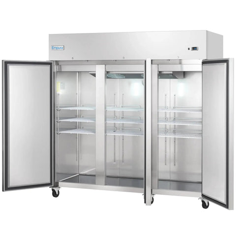 Premium Commercial Reach In Beverage Merchandiser With Three Swing Solid Doors And Sleek Stainless Build Keep It Frosty For Your Store Or Bar 81 Inch Wide 66 Cubic Foot Capacity Built Tough For Daily Grind, featuring open doors and interior shelves.