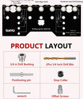 Precision 7 Hole Shelf Pin Jig And Woodworking Drill Guide with layout diagram and components for DIY furniture projects.
