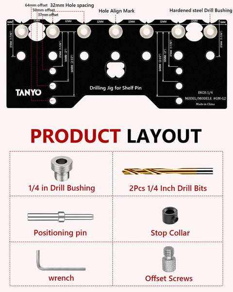 Precision 7 Hole Shelf Pin Jig And Woodworking Drill Guide with layout diagram and components for DIY furniture projects.