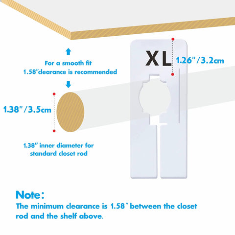 40 Pack Preprinted Rectangular White Closet Rack Dividers In 8 Sizes XXS Through XXXL, Double Sided, 2.5 By 5 Inches, Inner Diameter 1.38 Inches, Ready To Use Hanger Friendly Organizer