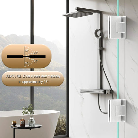 Heavy Duty Brushed Nickel Glass Shower Door Hinges For 90 Degree Corner Mount With Soft Rubber Gasket To Prevent Scratches And Damage Durable Bathroom Hardware Replacement Easy To Install Secure Fit Pair installed with shower feature display at 25 degrees