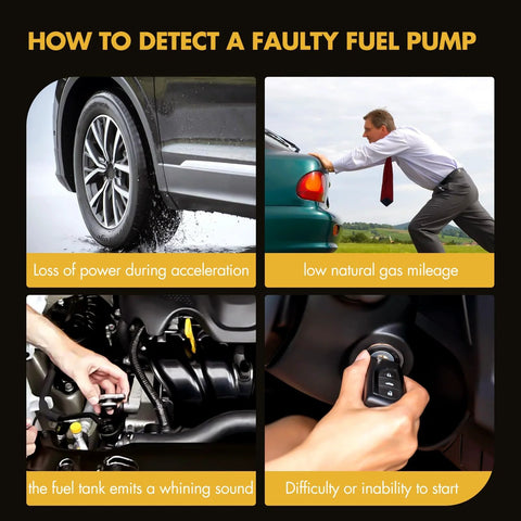 Signs of a faulty fuel pump including loss of power, low gas mileage, whining sound, difficulty starting