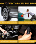 Signs of a faulty fuel pump: car wheel, man pushing car, fuel tank components, person turning ignition key