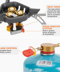 Close-up of Beast Power 7200W Windproof Camping Stove showing brass burners, heat shield, piezo ignition, and flame control components.