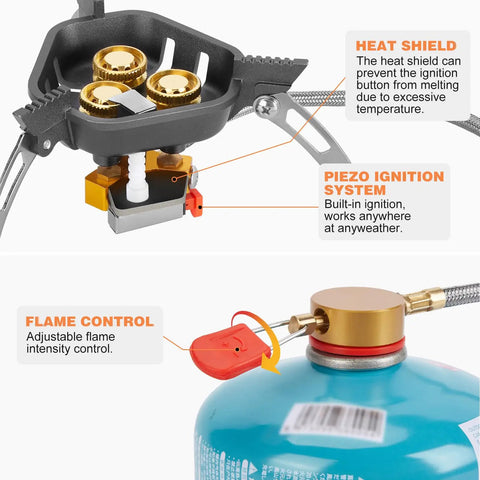 Close-up of Beast Power 7200W Windproof Camping Stove showing brass burners, heat shield, piezo ignition, and flame control components.