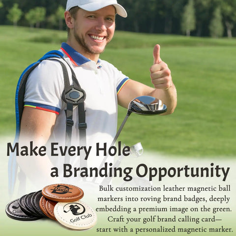 Man holding golf club with Custom Golf Ball Markers and branding text; Bulk customization leather magnetic ball markers