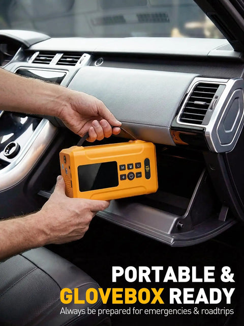 Heavy Duty Cordless Tire Inflator With 160 Psi Automatic Shutoff Digital Gauge And Bright Led Lamp For Trucks and Gear, being placed in a glovebox.