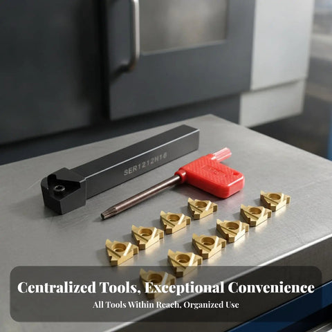 Pro Grade Lathe Threading Tool Holder Set SER1212H16 With Carbide Inserts And Wrench Rectangular Shank Secure Mount Alloy Steel Body Includes 10 Gold Triangular Inserts 13 Mm For Quick Threading And Recutting On CNC And Metalworking Projects.