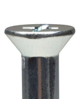 Close-up of a zinc plated Three Eighths By Five Inch Flat Sleeve Anchor For Masonry In Concrete Brick And Block, steel construction.