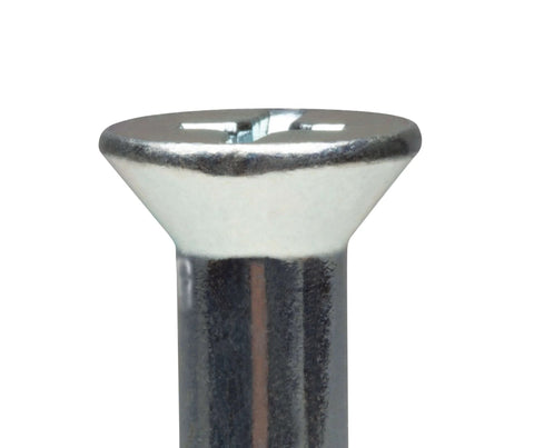 Close-up of a zinc plated Three Eighths By Five Inch Flat Sleeve Anchor For Masonry In Concrete Brick And Block, steel construction.