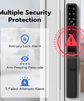 Sliding Glass Door Lock With Biometric Fingerprint, Keypad, RFID And Remote App Control on door, showing security features